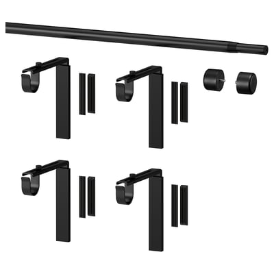 Black RÄCKA curtain rod kit, including 4 brackets and 2 finials, all in black, made from steel and plastic, for wall or ceiling mounting.