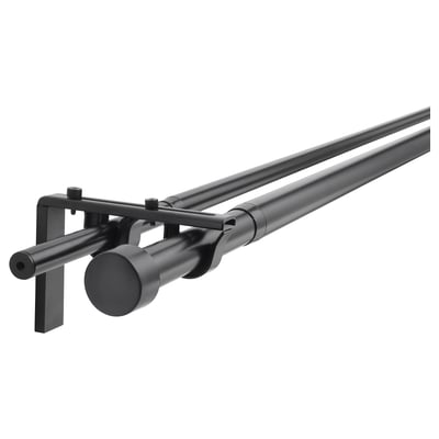 Black RÄCKA curtain rod set, adjustable length, double rod for layered curtains, sleek modern design.