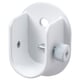 White metal wall mount with two screws, one circular hole, and a semicircular cutout, used for hanging curtains.
