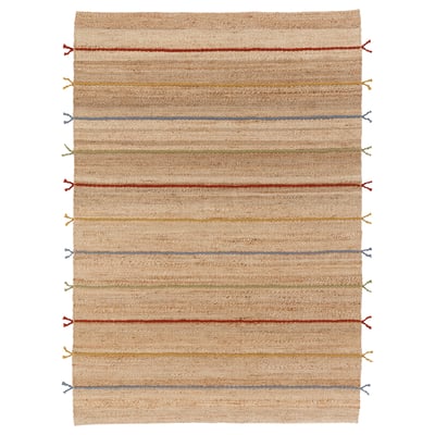 RAKLEV: natural jute rug with multicolored wool stripes and tassels, rectangular.