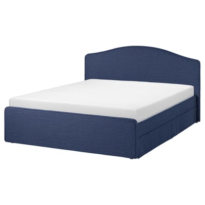 RAMNEFJÄLL bed: blue, curved headboard, padded, removable cover, stylish & comfortable.
