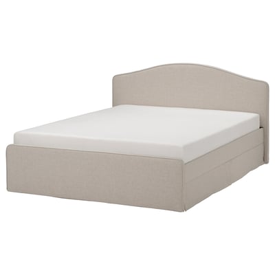 Rmnefjäll bed in beige, sleek curved headboard, upholstered fabric, with minimalist design, ideal for cosy bedrooms.