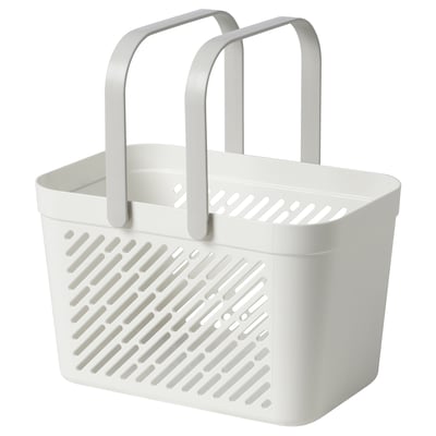 Depicts a white RÅNEN shower basket with foldable handles made of durable plastic. The basket side holes for ventilation and drainage.