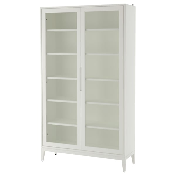A white REGISSÖR cabinet with glass doors. Its a tall, rectangular storage unit with five shelves, adjustable feet, and a simple, elegant design.