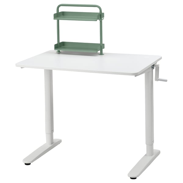 RELATERA desk: white, adjustable, crank handle, green organizer, rectangular.