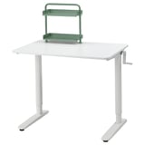 RELATERA desk: white, adjustable, crank handle, green organizer, rectangular.