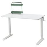 Adjustable RELATERA desk with green shelf, sits/stands.