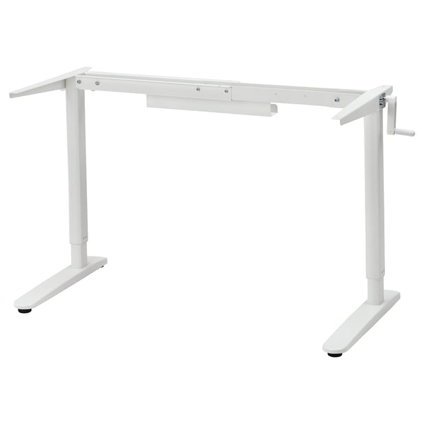 Adjustable white desk frame with height crank, stable and organized.