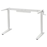 Adjustable white desk frame with height crank, stable and organized.
