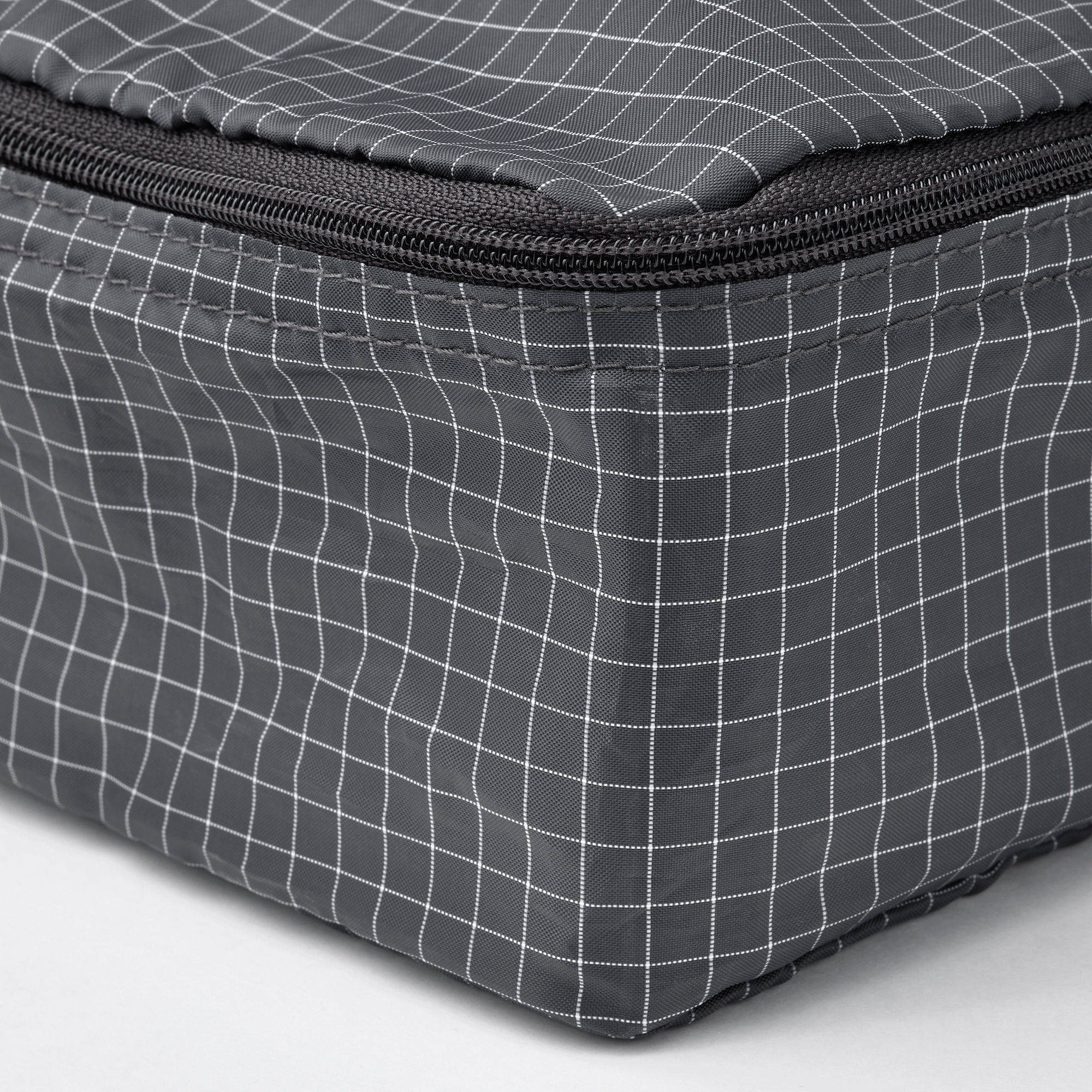 Gray, zippered organizer bag with grid pattern. Sturdy, high-quality material.