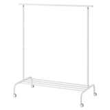 A white RIGGA clothes rack with 4 levels, adjustable height, and wheels.