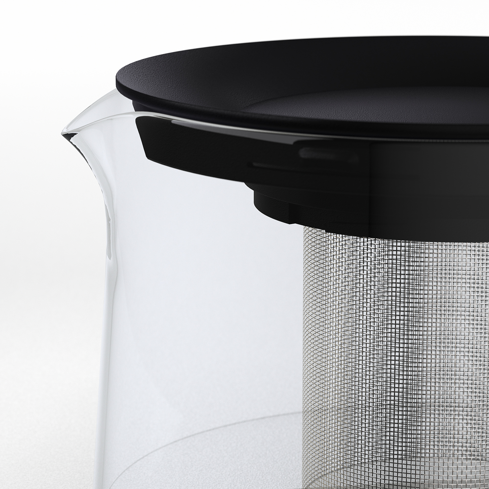 Modern glass teapot with black lid and mesh filter, perfect for brewing loose leaf tea.