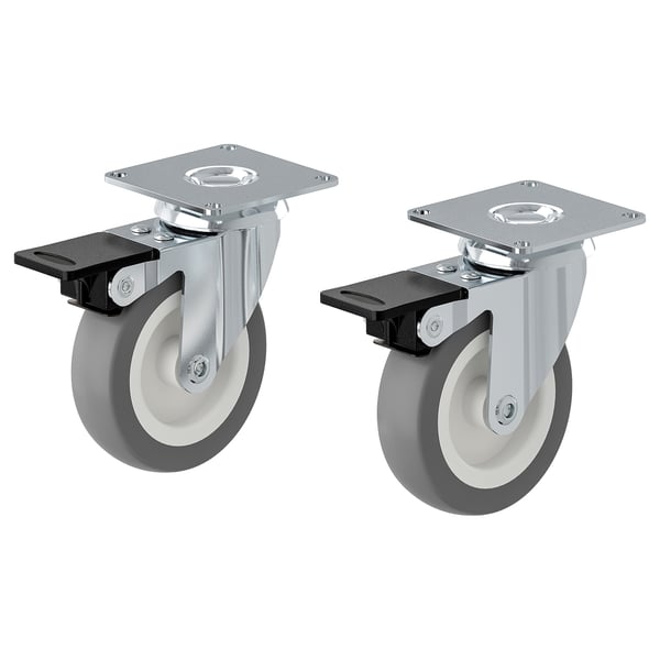 Two grey & black casters with brake pedals and square metal mounts.