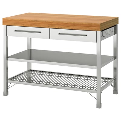 RIMFORSA bamboo kitchen island with steel frame, drawers, hooks, and shelves.
