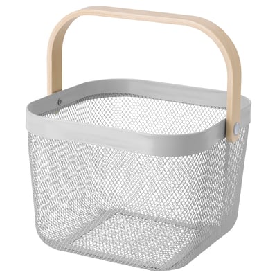 RISATORP wire basket, grey, light wood handle, mesh sides, square shape, for storage and ventilation.