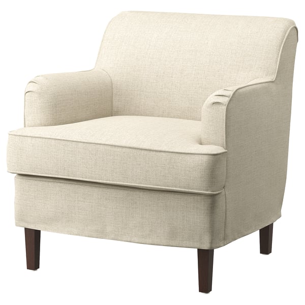 ROCKSJÖN armchair, beige, soft fabric, rolled arms, wooden legs.