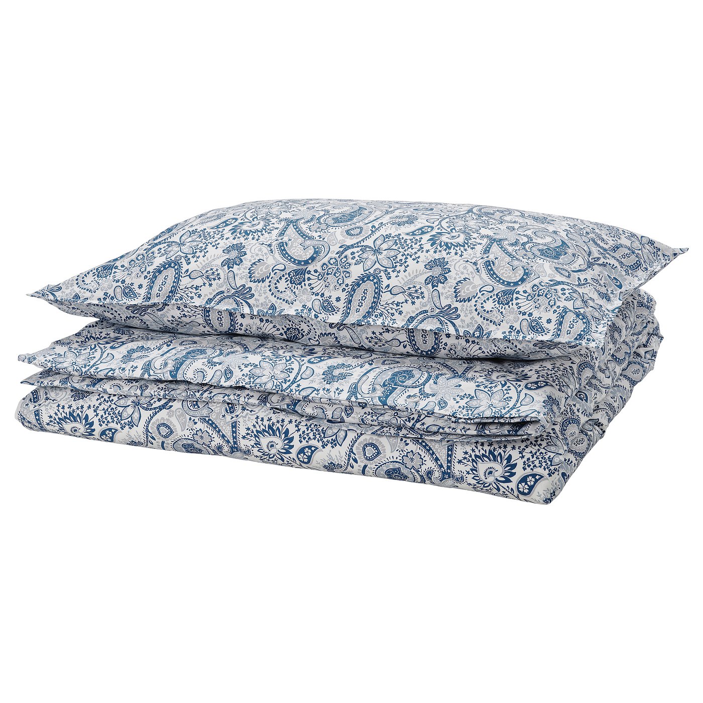 RODGERSIA blue paisley bedding set, featuring intricate floral designs on white background, crafted from 80% cotton and 20% viscose.