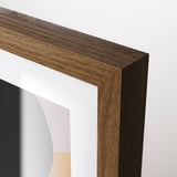 A sleek wooden frame with polished edges displays a modern abstract picture, exemplifying high-quality craftsmanship and contemporary design.