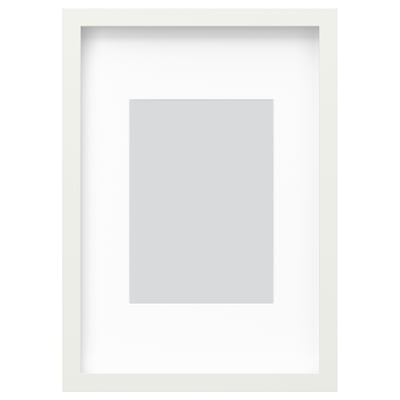 A white RÖDALM picture frame. Square shape, modern design, with a front plastic cover. Suitable for both hanging and standing.
