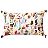 RÖDARV pillow: floral & geometric patterns in red, blue, green, yellow on white base with tassels.