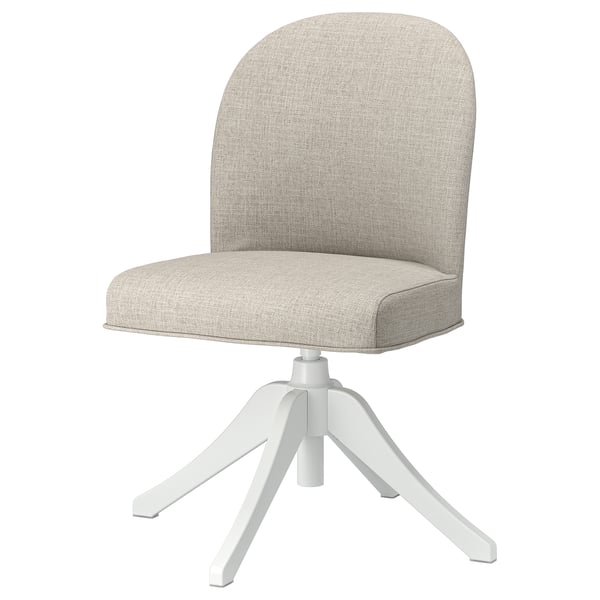 ROSENTORP chair: cream, fabric, curved back, white legs, swivel base.