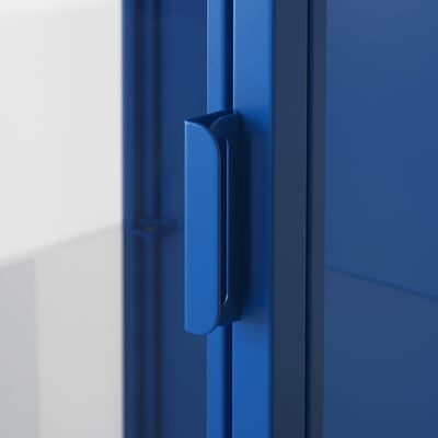 Blue metal cabinet handle, sleek design, smooth finish, sturdy construction.