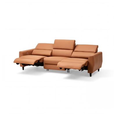 Sophisticated brown leather recliner sofa with adjustable seats, sleek design, perfect for relaxation.