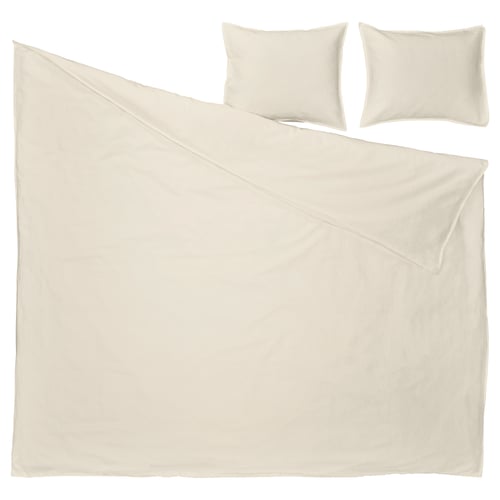 Beige bedding set with duvet and two pillows, featuring wrinkle-chic linen-cotton blend, pre-washed for softness, with envelope-closure pillows.