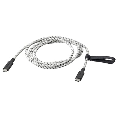 A black and white braided usb-c charging cable named RUNDHULT. Its 1. 5 meters long, designed for travel, and an elastic band for neat storage.