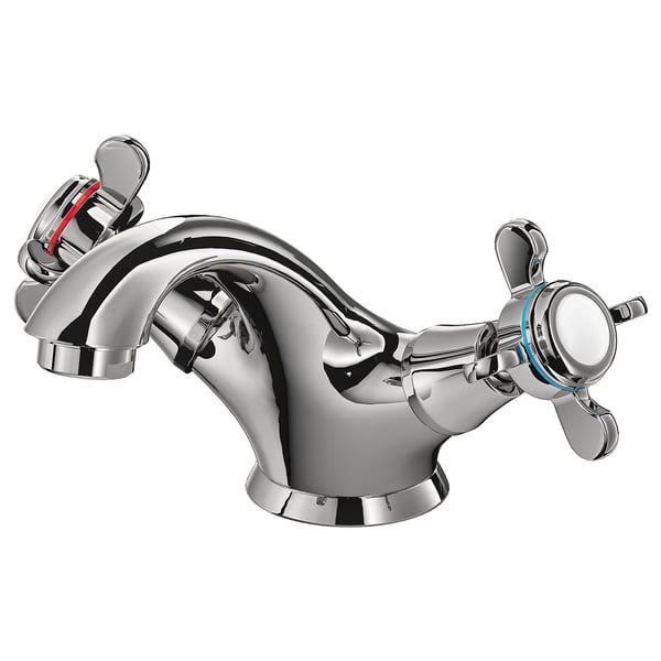 A chrome RUNSKÄR faucet with cross handles. Its sleek, durable, and ceramic discs for long-lasting use.