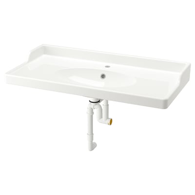 RUTSJÖN white ceramic sink, rectangular, wall-mounted, single faucet hole.