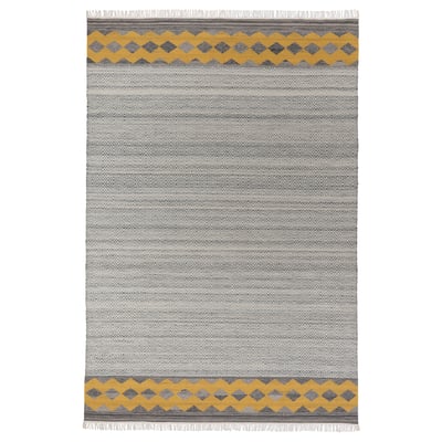 Rysgräs rug: gray with yellow border, diamond pattern, handwoven wool.