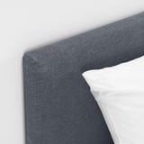 Gray fabric headboard of a modern, comfortable bed with clean lines and supportive design.