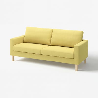 Yellow SALTSJÖBADEN sofa, modern design with cotton-polyester cushions and wooden legs.