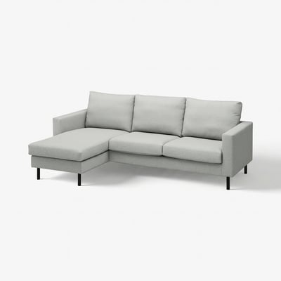 SALTSJÖBADEN light grey sofa, modern with chaise, rectangular cushions, and dark wooden legs.