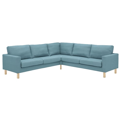 Blue recycled fabric sectional sofa, modern corner design.