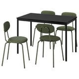 A sandberg dining set with a black table and four green chairs. The chairs have metal frames, padded seats, and backs, with a modern, sleek design.