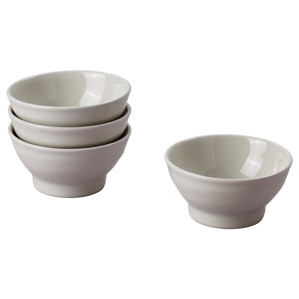 Four light grey ceramic bowls, three stacked, one aside. Rustic, handmade design.