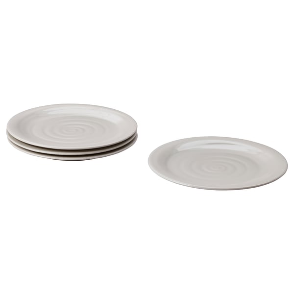 Four light gray, round, ceramic plates with a subtle textured swirl design, neatly stacked and displayed against a white background.