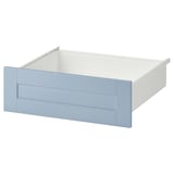 A blue SANNIDAL drawer front, rectangular, with a smooth finish. Made of particleboard and paper foil, it attaches to a platsa storage unit.