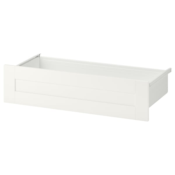 A white SANNIDAL drawer front, featuring a sleek, rectangular design with clean lines, suitable for traditional yet stylish storage solutions.