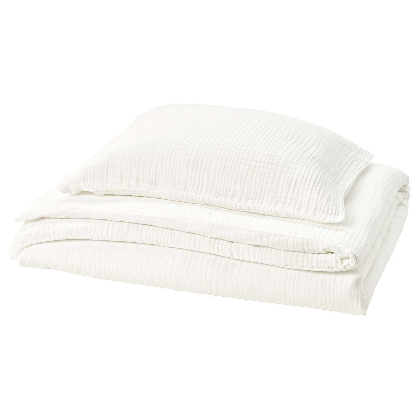 A neatly folded white SCHERSMIN duvet cover set made of breathable gots-certified organic cotton. Its simple, wavy design adds texture and comfort.