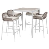 Modern white outdoor bar set with wicker stools.