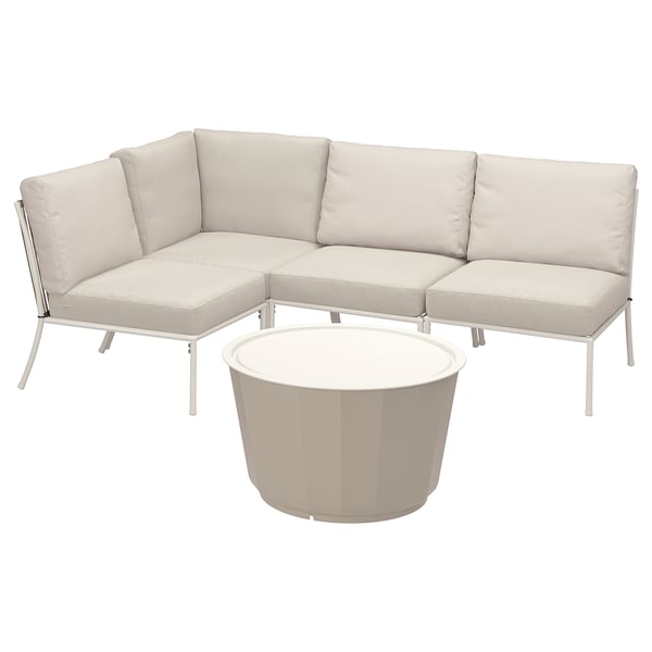 Modern outdoor patio furniture set, beige, metal frame, l-shaped sofa, round coffee table.