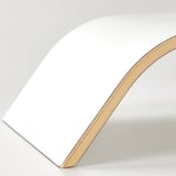 Modern wooden monitor stand, curved design, high-quality finish.