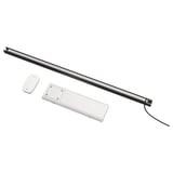 A silver led light kit, including a light bar, wireless dimmer, and driver. Modern, minimalist design for bathroom lighting.
