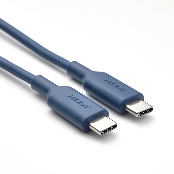 Blue usb-c cable with flexible, bend-resistant design; shown in close-up view with connectors visible.