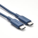 Blue usb-c cable with flexible, bend-resistant design; shown in close-up view with connectors visible.