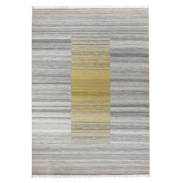 Modern SJÖTÅTEL rug: gray/striped with yellow accents, rectangular, wool/cotton, handwoven with fringes.