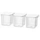 Three clear plastic storage boxes with white lids, square shape, stacked neatly for organized storage.